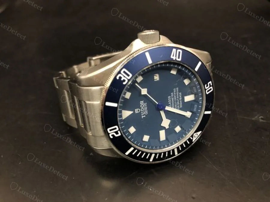 Fake Tudor Pelagos dial: PELAGOS branding, chronometer certification text, and a 500m depth rating printed beneath the shield logo, on a fake we examined from the archive.