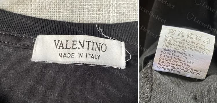 Camiseta Valentino falsa: una etiqueta de cuello que dice Made in Italy junto a una etiqueta de cuidado solo en inglés que dice Made in China
