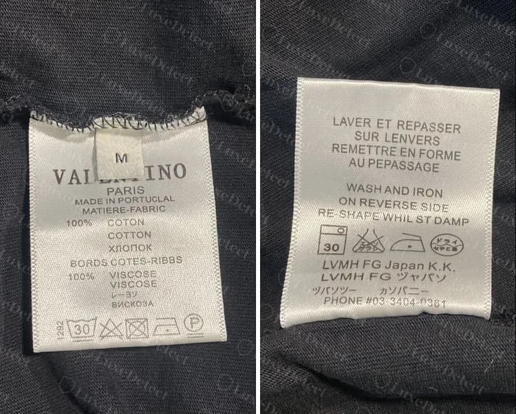 Etiquetas de una camiseta Valentino falsa: etiqueta de composición VALENTINO PARIS Made in Portugal junto a una etiqueta de lavado que nombra a LVMH FG Japan K.K. con francés e inglés mal escritos