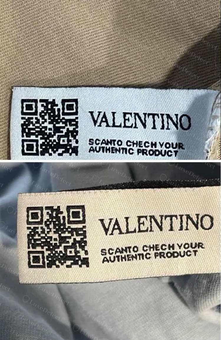 Two counterfeit Valentino QR tags reading SCANTO CHECH YOUR AUTHENTIC PRODUCT beside a QR code and the word VALENTINO