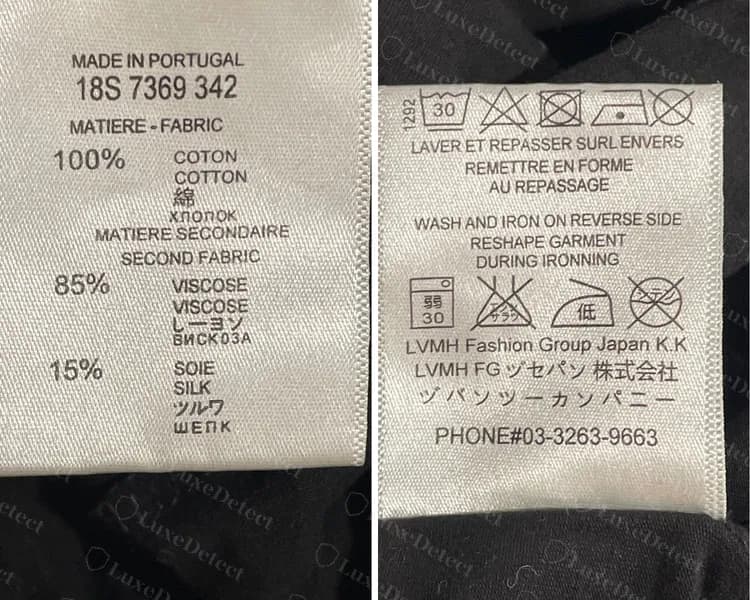 Camiseta Valentino falsa: etiqueta Made in Portugal con el código 18S 7369 342 y un segundo tejido de 85% viscosa y 15% seda, junto a una etiqueta de lavado que nombra a LVMH Fashion Group Japan K.K