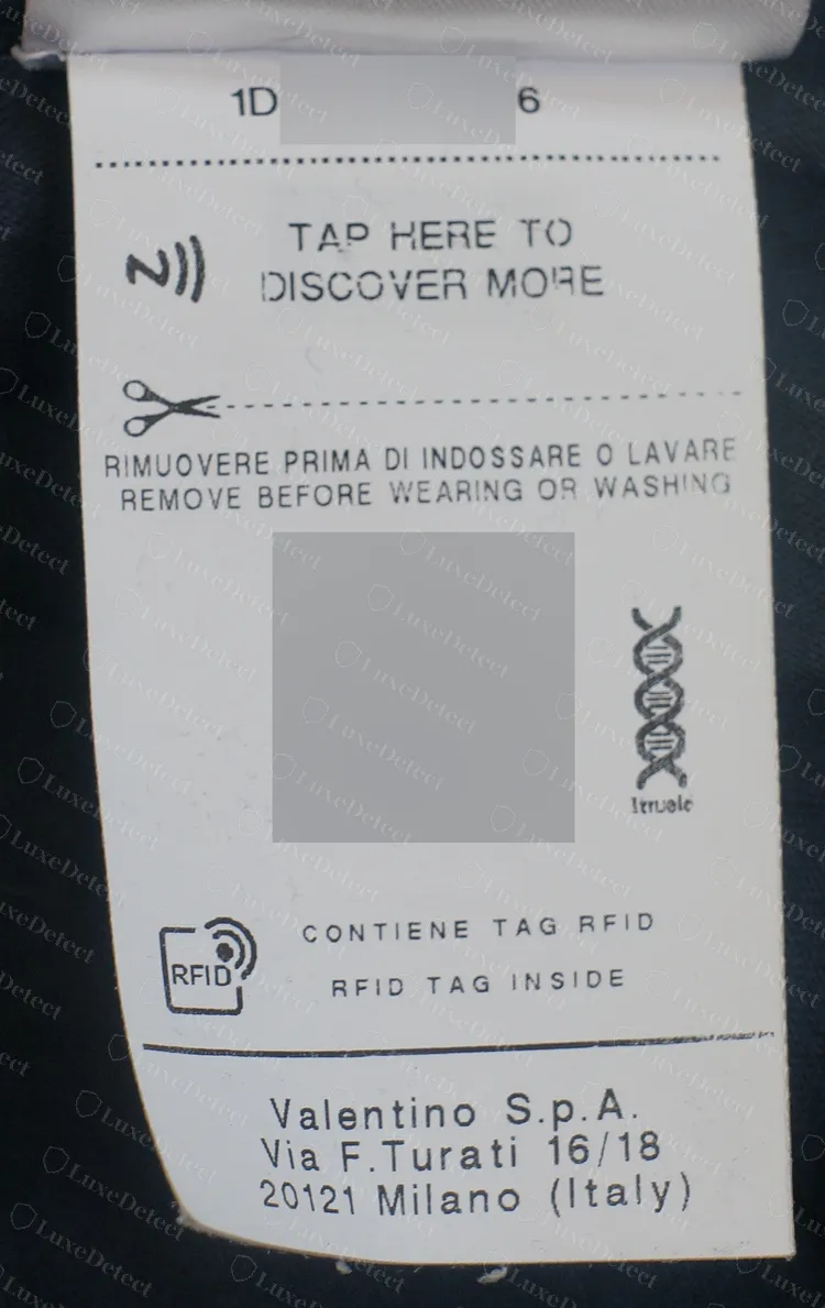 Genuine Valentino RFID and NFC tag: tap here to discover more, remove before wearing or washing, RFID tag inside and the Valentino S.p.A. Milan address
