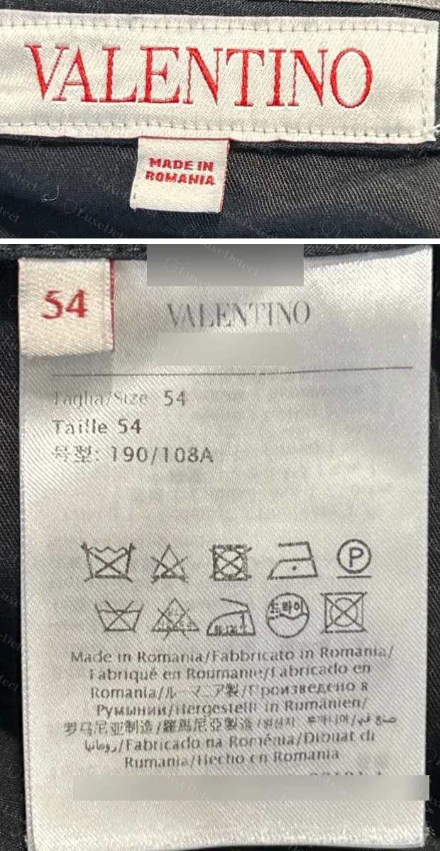 Calça Valentino original feita na Romênia: etiqueta de gola vermelha VALENTINO sobre uma etiqueta de cuidados com Taglia/Size, Taille, ícones de cuidados e a origem em muitos idiomas