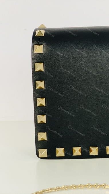 Valentino Rockstud pyramid stud edge, authentic shows uniform gold-tone pyramids with sharp, consistent apexes (left) vs a fake lacquer-finish bag with visibly less even spacing along the same edge (right)
