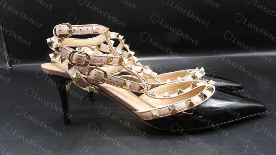 Genuine Rockstud slingback with kitten heel, multiple studded straps with buckles
