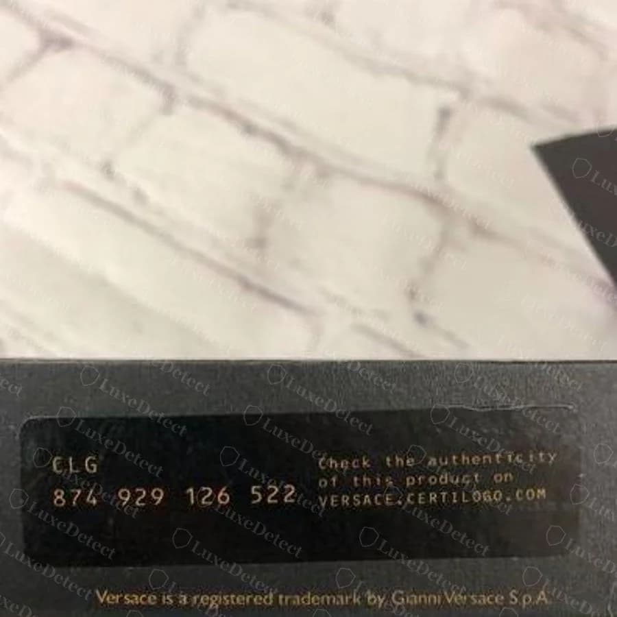Authentic Certilogo hangtag: a "CLG" code with instructions to verify at versace.certilogo.com, still attached to a confirmed genuine pair.