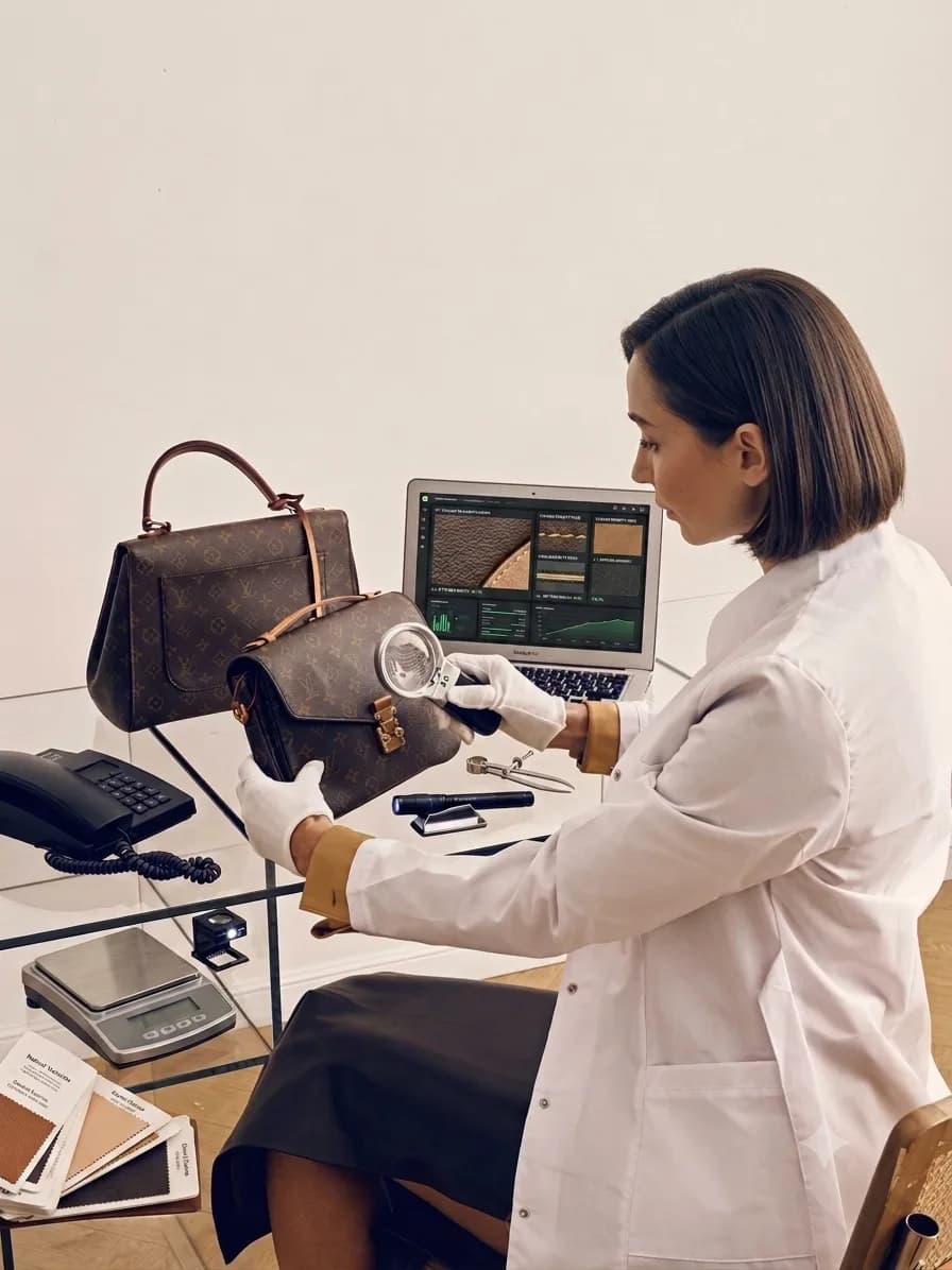 A LuxeDetect expert authenticating a luxury designer handbag