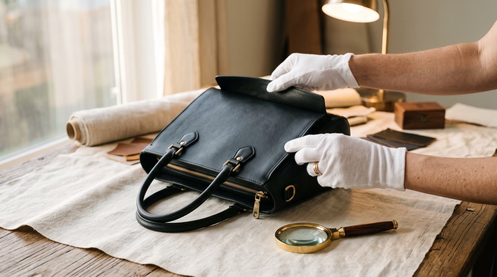 Gloved hands inspecting a leather handbag beside a magnifying glass on a workbench