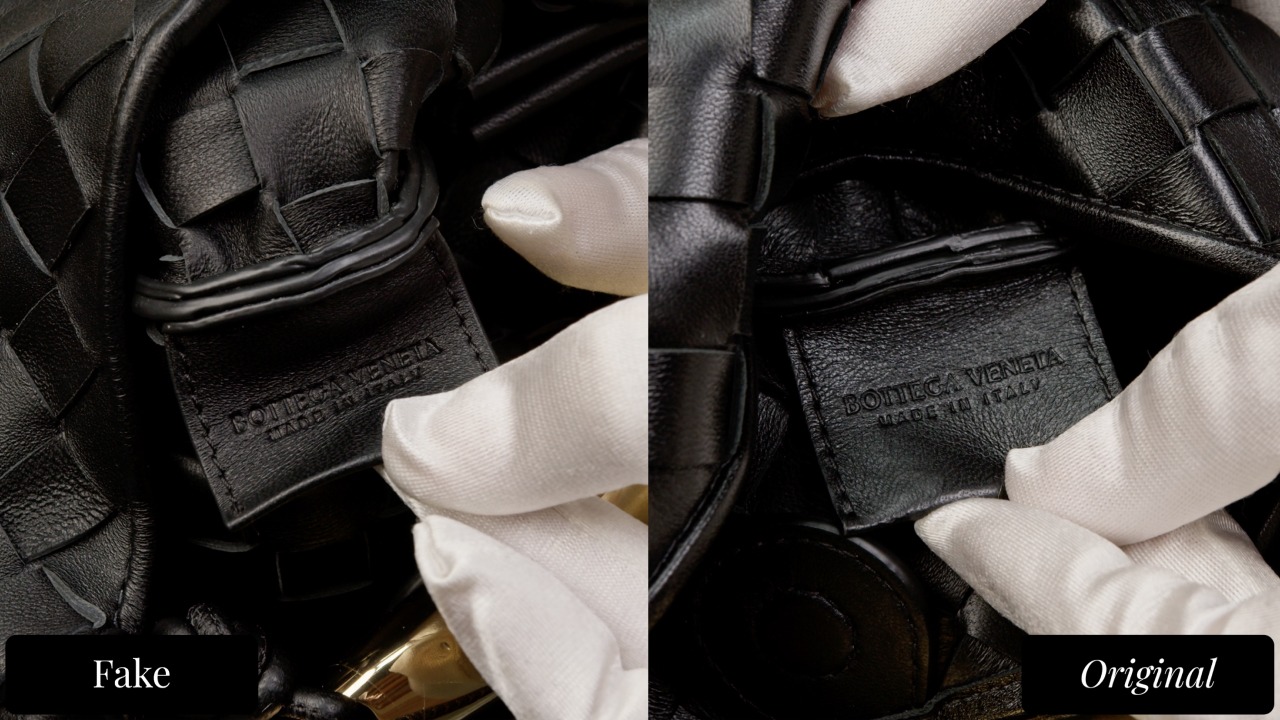 Interior stamp comparison — fake (left) is deeply pressed and hard to read; authentic (right) is lightly, precisely impressed