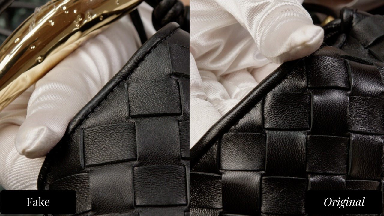 Leather body comparison near the clasp — fake (left) shows flat matte leather; authentic (right) shows consistent intrecciato sheen