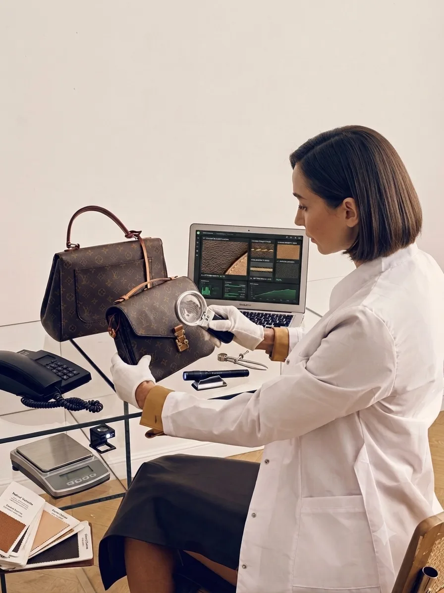 A LuxeDetect expert authenticating a luxury designer handbag